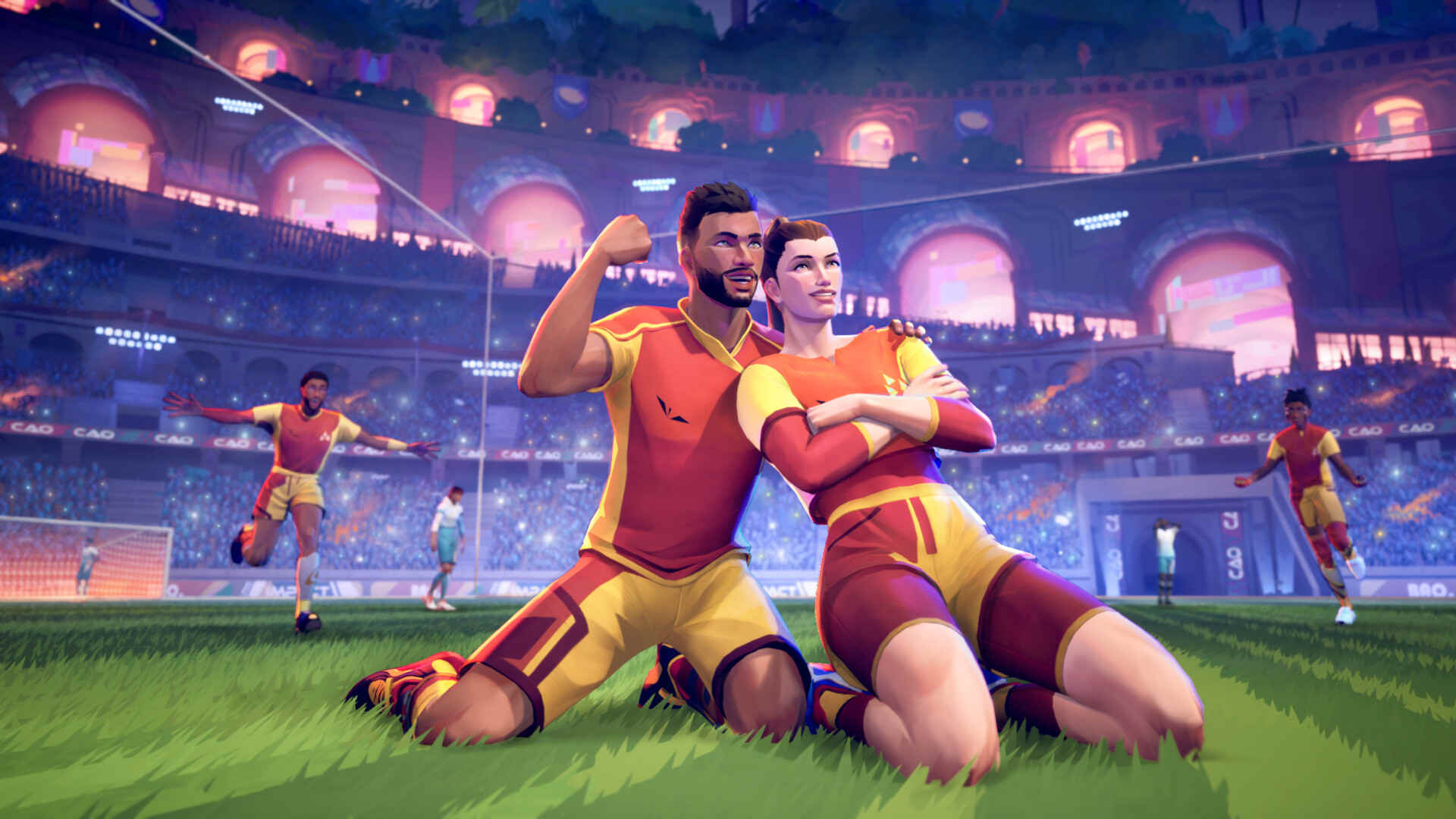 Rematch players celebrating in a large stadium