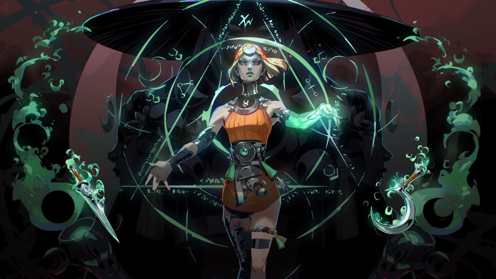 Hades 2 screenshot of protagonist Melinoë surrounded by magical orbs, with a magical sigil and the silhouette of her mentor Hecate seen behind her