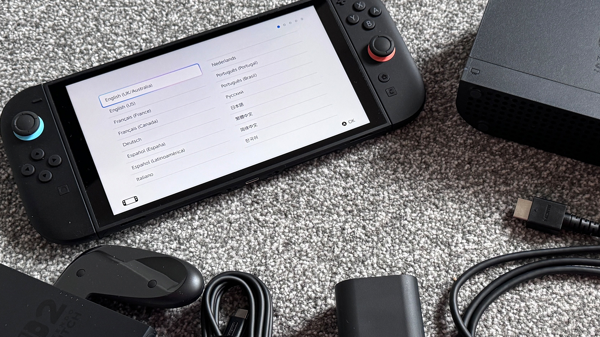 El Switch 2 con pantalla en la pantalla de selección de idioma
