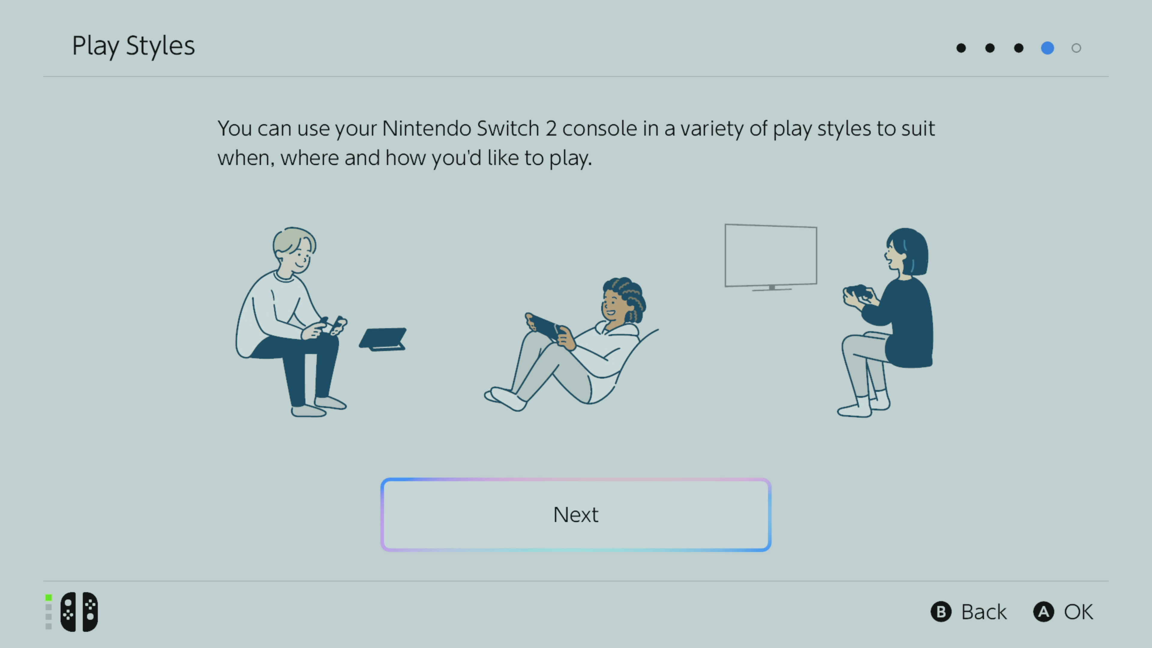 Estilos de juego de Nintendo Switch 2 descritos en el proceso de configuración de Switch 2