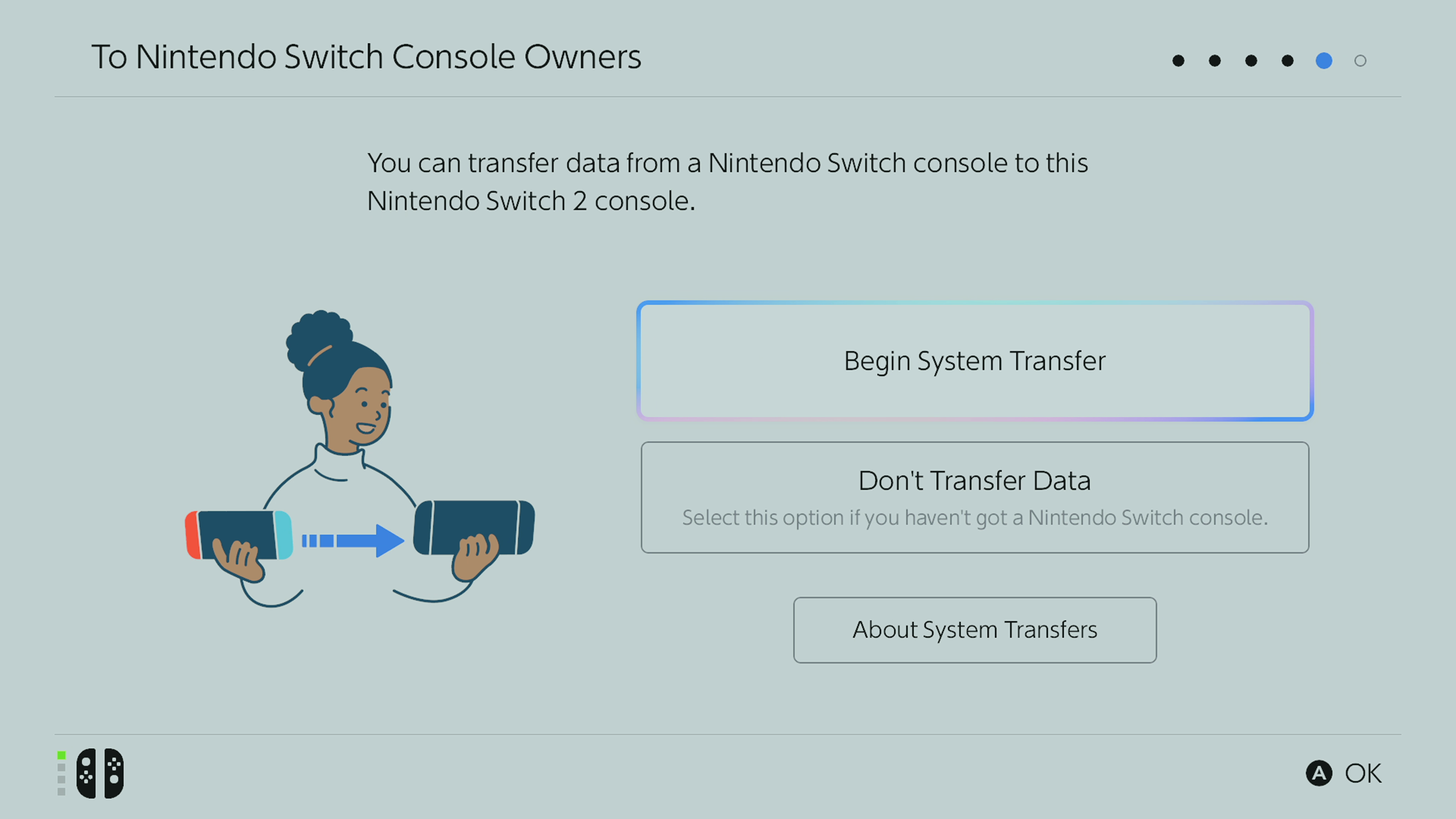 La pantalla donde puede transferir sus datos del Switch 1 al Switch 2 durante el proceso de configuración del Switch 2