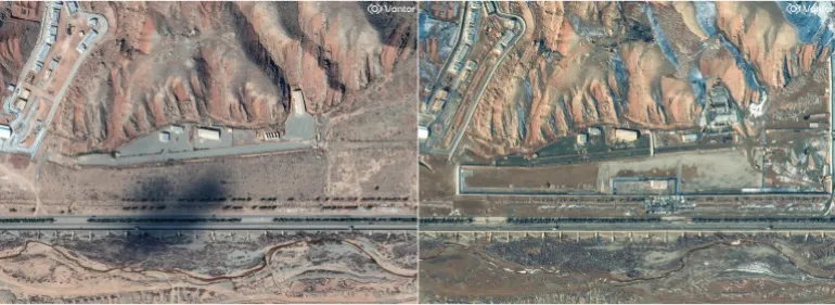 Una imagen combinada de imágenes satelitales muestra el complejo militar de Parchin antes de los ataques israelíes de octubre de 2024, en Parchin, Irán, en esta imagen del 20 de octubre de 2024 (izquierda), y concreto sobre el sitio en el complejo militar de Parchin, en Parchin, Irán, en esta imagen del 24 de enero de 2026.