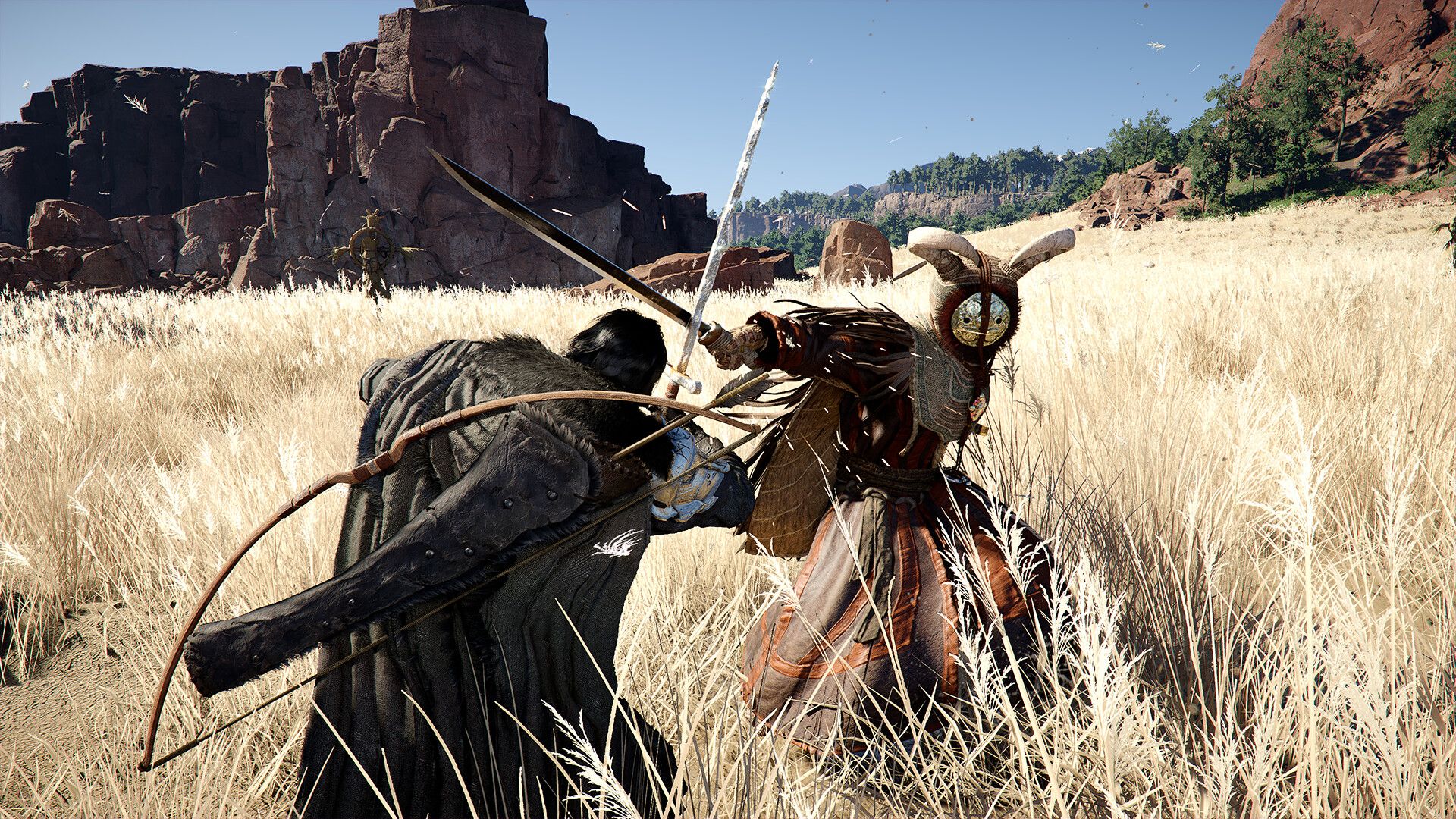 Kliff in a sword fight with masked warrior Reed Devil in a golden field