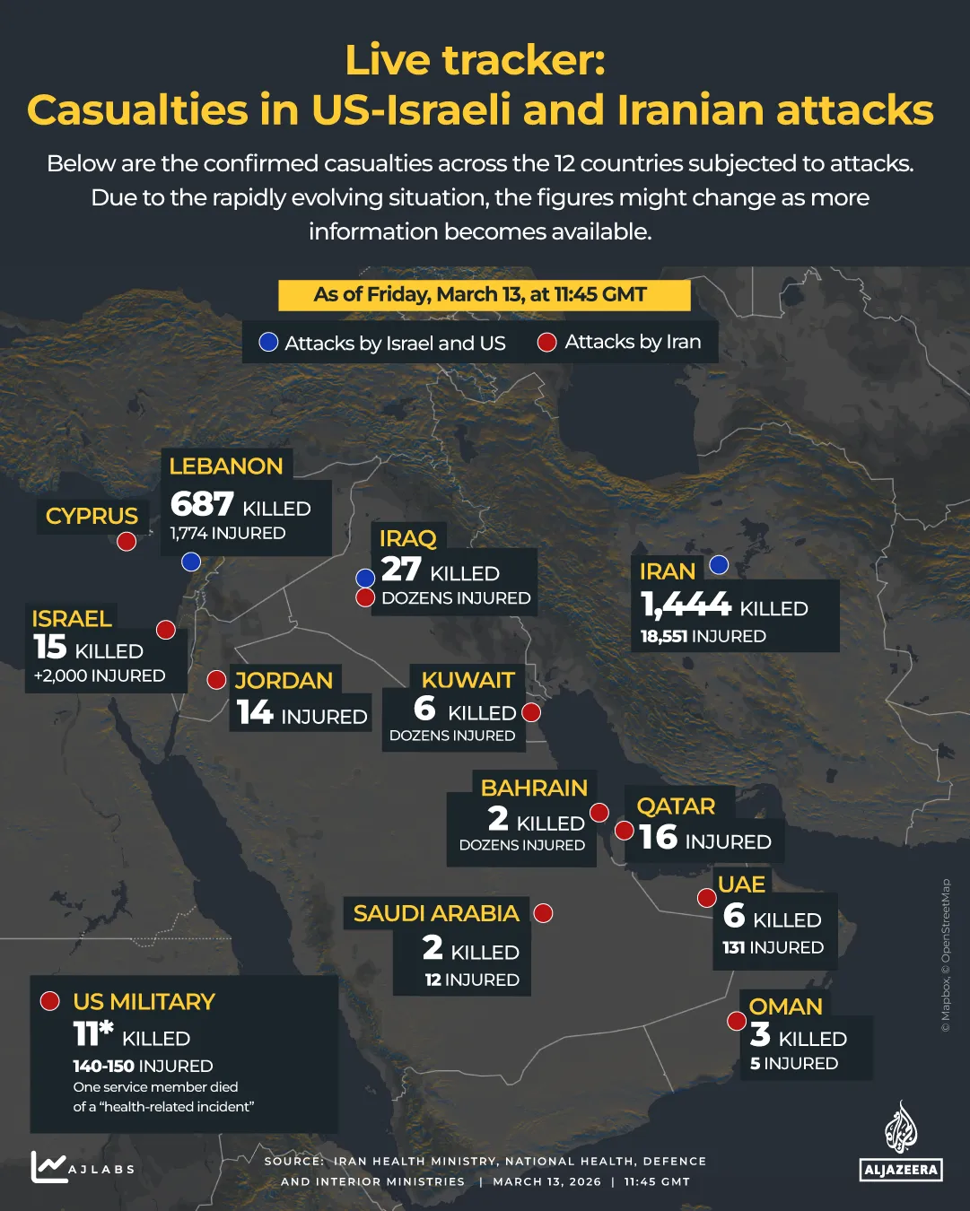 INTERACTIVO - PEAJE DE MUERTES - rastreador - guerra - Ataques de Estados Unidos, Israel e Irán - 13 de marzo de 2026-1773404159
