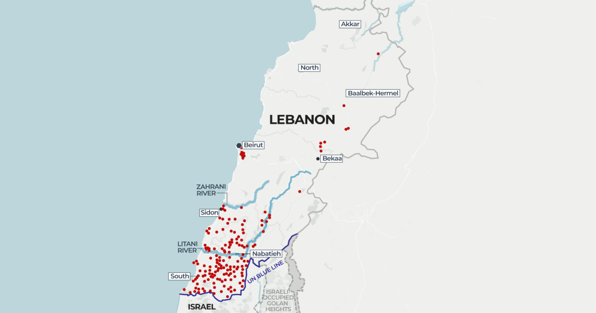 Mapeo de los ataques israelíes y el desplazamiento de un millón de personas en el Líbano
